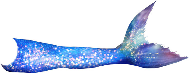 Deep sapphire blue mermaid tail with galaxy shimmer, starry sparkles and gradient purple fin, dreamy underwater fantasy illustration for ocean magic themes, parties, crafts and decor


