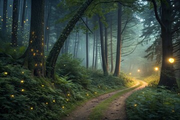 Obraz premium Enchanted forest path illuminated by magical orbs