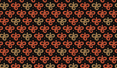 Seamless pattern of abstract floral motifs in warm earth tones on a dark background, creating a decorative textile design © Elva