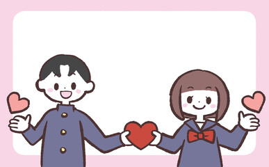 学生服を着た男女がハートを持つイラスト