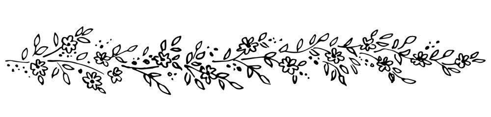 A hand-drawn vector drawing with a black outline. Long floral garland, border. Small flowers, twigs, foliage, branches with leaves. Spring and summer decor, nature. Sketch in ink.