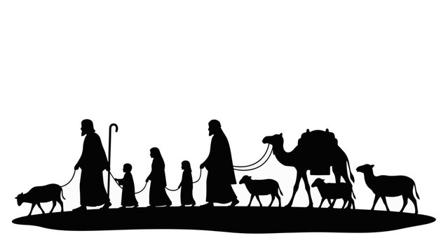 Biblical silhouette of Abraham leaving his homeland with family and animals. Nomadic caravan journey with camel and sheep. Black vector illustration isolated on transparent background