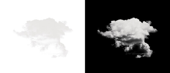 White fluffy cloud with corresponding alpha channel matte isolated on a black background