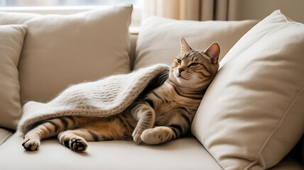 Relaxed tabby cat resting on comfortable beige couch