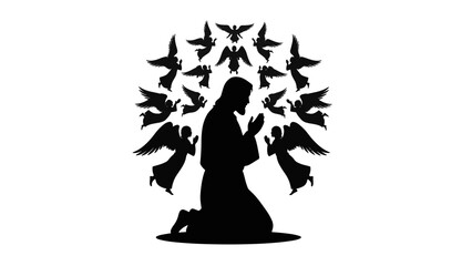 Obraz premium Silhouette of Jesus Christ kneeling in prayer surrounded by angels. Christian religious vector illustration. Faith and devotion graphic design