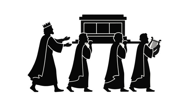 King David bringing the Ark of the Covenant to Jerusalem. Biblical Old Testament story silhouette. Religious procession vector illustration