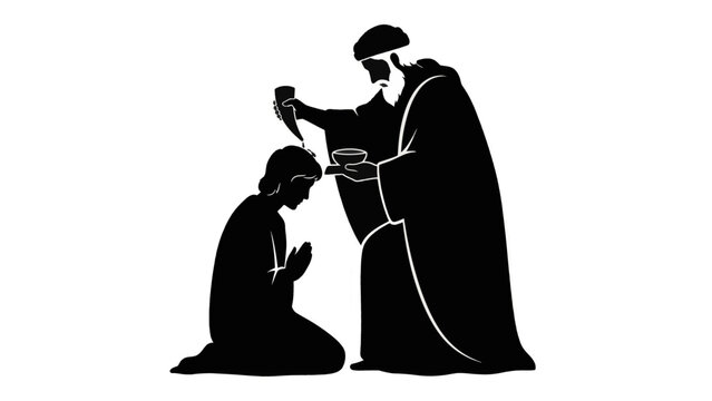 The prophet Samuel anointing David from the bible. Black and white silhouette vector illustration of the religious ceremony