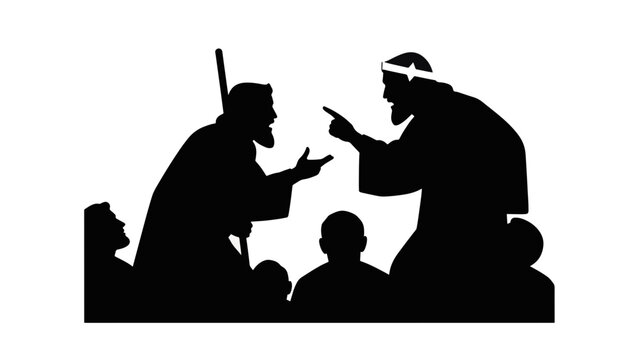 The prophet Elijah confronting false prophets. Biblical story silhouette. Minimalist vector graphic for religious concepts
