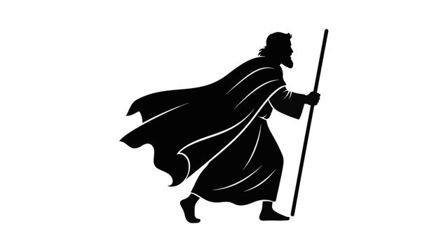 Silhouette of a biblical prophet walking with a staff. Vector illustration of Moses or Elijah on a journey. Minimalist religious icon isolated on a transparent background