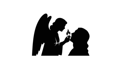 The prophet Isaiah's vision of purification with a seraph. Biblical silhouette of an angel with a burning coal. Minimalist religious vector illustration