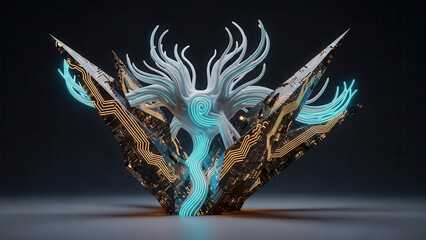 Abstract futuristic sculpture combining organic form and digital circuitry design