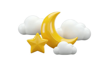 3D Rendered Moon, Star, and Clouds on White Background