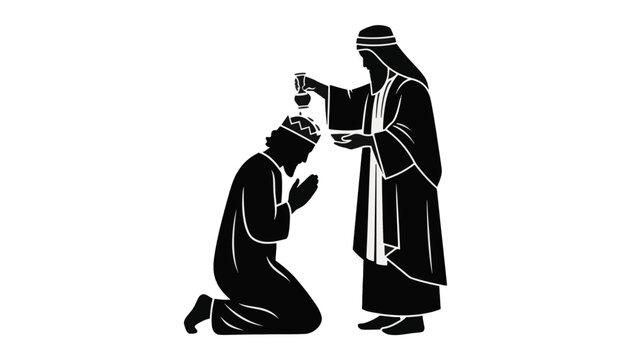 Biblical illustration of a prophet anointing a king. Black and white silhouette vector graphic of a religious ceremony. Old Testament story of consecration isolated on a transparent background