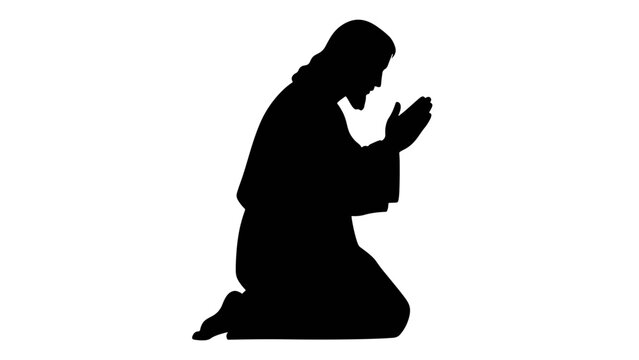 Vector silhouette of Jesus kneeling in prayer. Christian symbol of faith and worship. Minimalist religious icon