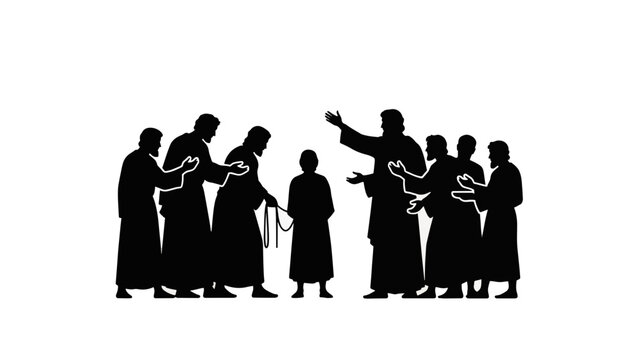 Joseph sold by his brothers in a biblical silhouette. Vector illustration of an Old Testament story. Christian religious graphic isolated on a transparent background