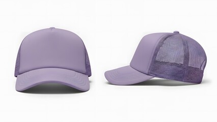 purple pastel color trucker cap mockup, front and side view, isolated on white