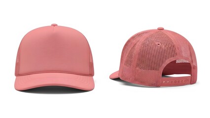 red pastel color trucker cap mockup, front and half side view with white background