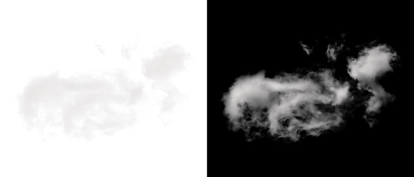 A detailed volumetric cloud render shown side-by-side with its alpha mask on a black background