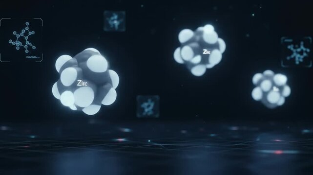 Scientific visualization of zinc molecules, atomic bonds, glowing in a soft, calming blue, against a dark, mysterious scientific background, adorned with subtle futurism. 4k video