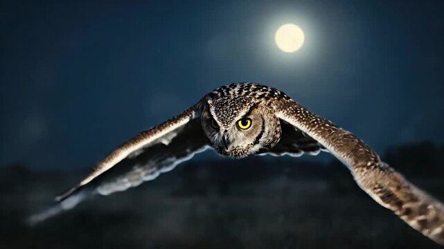 A majestic owl in flight under a moonlit night sky.