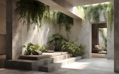 Eco-Minimalist Interior Design with Indoor Plants and Recycled Sustainable Materials, house in the village