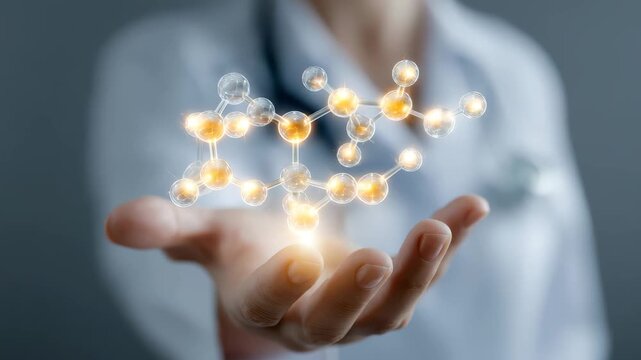 Scientist shows molecular structure in hand during laboratory experiment in modern research facility