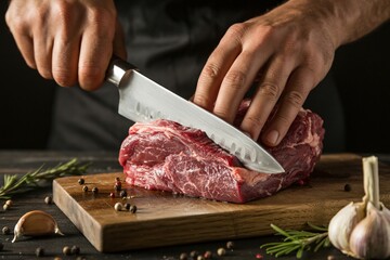 A chef's hands carefully guide a sharp knife through a thick, marbled slab of raw red beef on a wooden cutting board. 