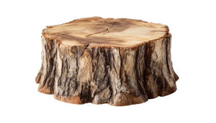 Brown tree stump with rough bark and visible annual rings isolated on transparent background