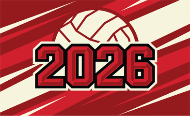 Volleyball sports championship 2026 tournament concept featuring ball icon and dynamic red stripes background vector illustration for event.