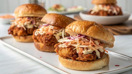 Crispy fried chicken sandwiches with creamy slaw on toasted buns, arranged on white tray, ideal for fast casual dining promotions, food truck branding, social media food content, and takeout menus