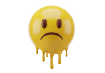 Melting sad yellow emoji face with drips on transparent background