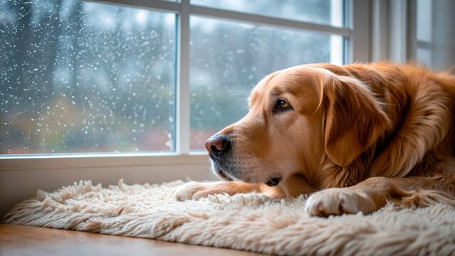 Golden retriever resting indoors, watching the rain from a cozy window spot on a cloudy day