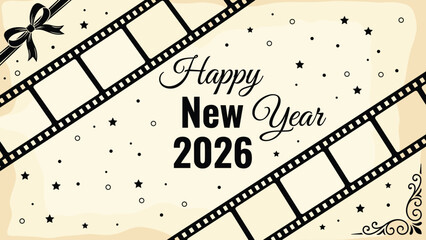 Vintage cinema style Happy New Year 2026 greeting card with film strips and bow on beige background vector illustration. (19 Words)