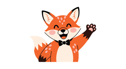 Obraz premium Friendly and cheerful cartoon fox character wearing a black bow tie, smiling broadly and waving a paw in a happy greeting.