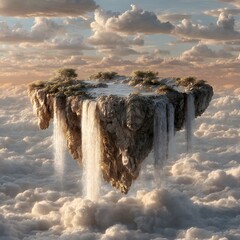 Fantasy Landscape Featuring a Floating Sky Island with Waterfalls Flowing into the Clouds, clouds over the mountains