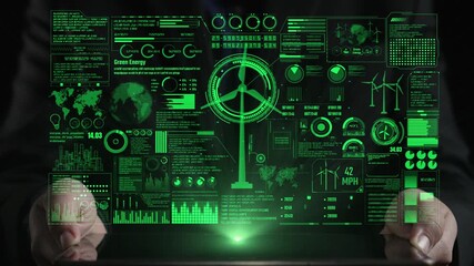 A captivating futuristic display showcasing green energy data, vibrant charts, and interactive elements that represent sustainable technologies and innovative solutions. Cipher - Powered by Adobe