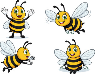 Cartoon bee illustration set, cheerful poses, yellow black green design, flying sitting standing, children’s insect graphic, vector style