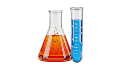 Laboratory Glassware with Liquids on White Background