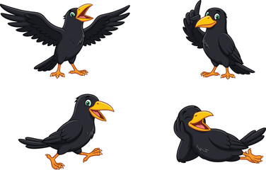 Cartoon black bird illustration set, expressive poses, yellow beak green eyes, playful character, vector style, storytelling animal graphic
