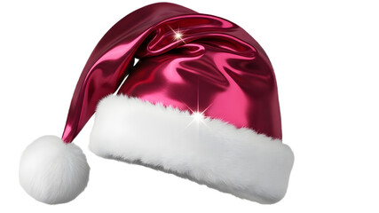 Shiny Metallic Pink Santa Hat with White Fur Trim and Pompom isolated PNG with Transparent Background