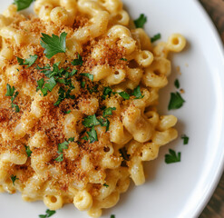 Chickpea Protein Mac And Cheese Topped With Crispy Herb Crust On White Plate
