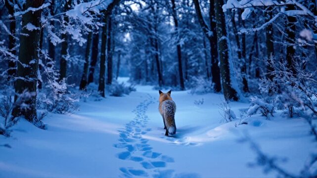 blue light snowy trail with fox listening to forest, perked ears, scenting air, cautious stance