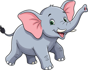 Cartoon elephant illustration, joyful expression, raised trunk, gray pink green design, children’s animal graphic, playful vector style