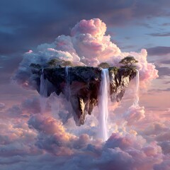 Surreal Floating Island in the Sky with Cascading Waterfalls and Dreamlike Atmosphere, clouds over the sky