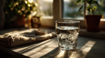 A clear glass of water in a room with shadows