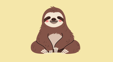 Naklejka premium A calm and content cartoon sloth sitting in a meditative yoga pose with its eyes closed and a gentle smile, on a soft yellow background.