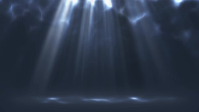 A dark, atmospheric background with soft, ethereal light rays streaming down, creating a calm and mysterious glowing ambiance