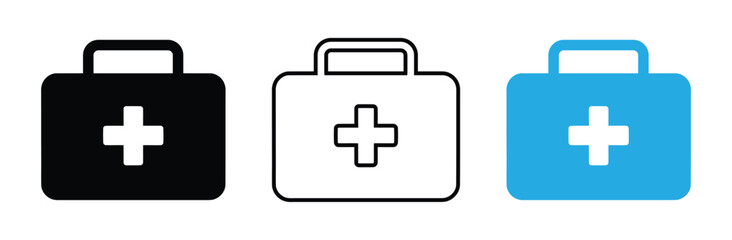 First aid kits in black, white, and blue for medical emergencies,First aid kit icon. Simple first aid kit icon for social media, app and web design. Vector illustration.first aid box icon