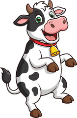 Cheerful cow cartoon illustration, standing pose, black white pink design, red collar bell, children’s animal graphic, playful vector style