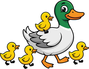 Duck family cartoon illustration, adult duck with ducklings, walking pose, green head, yellow baby birds, children’s vector graphic